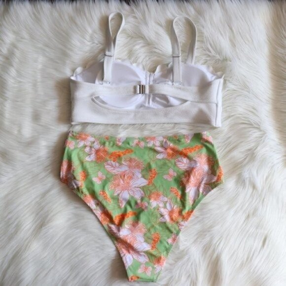 NWT High Waist Bikini Set Size XXL White Green Orange Floral Print - Picture 6 of 9